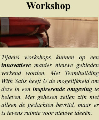 Workshop Tijdens workshops kunnen op een innovatieve manier nieuwe gebieden verkend worden. Met Teambuilding With Sails heeft U de mogelijkheid om deze in een inspirerende omgeving te beleven. Met gehesen zeilen zijn niet alleen de gedachten bevrijd, maar er is tevens ruimte voor nieuwe ideen.